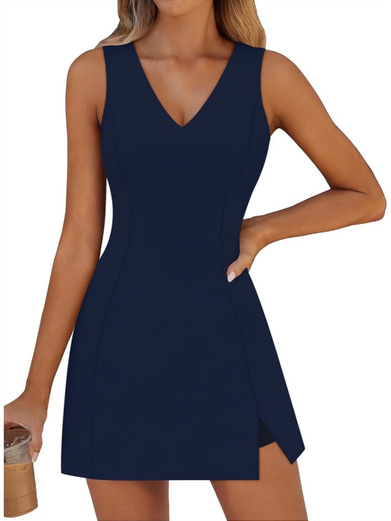 Women's Mini Dress Navy Blue V-Neck Sleeveless Shorts Bra Athletic Summer Shift